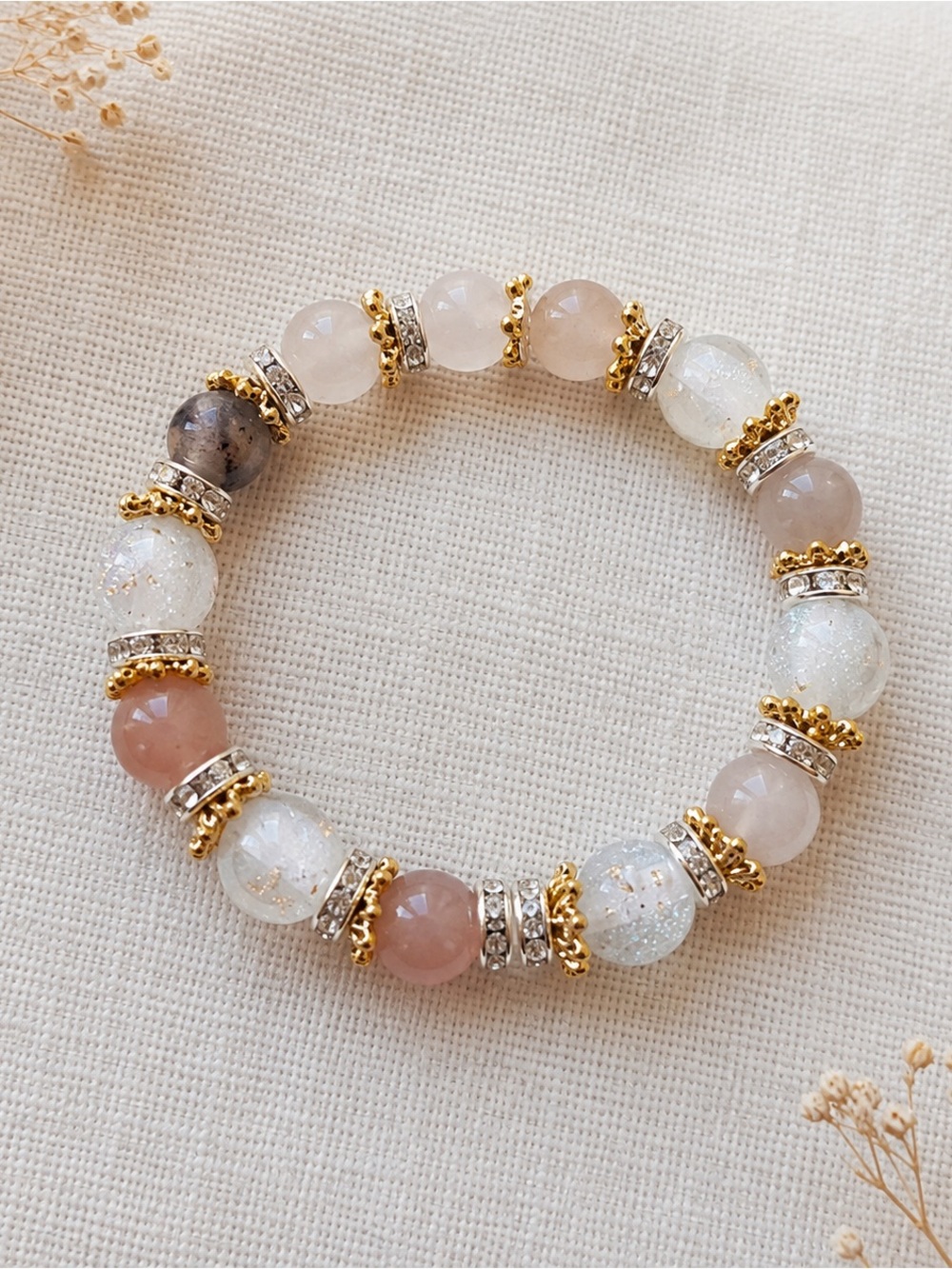 Gold-Accent Rose Quartz & White Crystal Beaded Bracelet